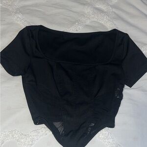 Black Fitted Crop Bodysuit with Short Sleeves